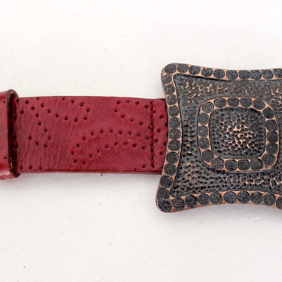 90s XXBYMEXX  red top layer leather belt large Italian buckle ceinture rouge - Picture 3 of 7